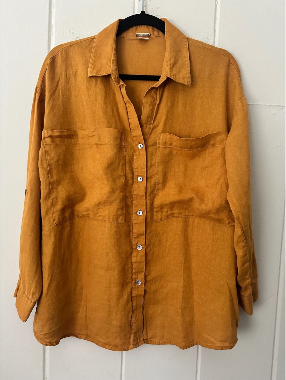 Magaschoni Mustard Yellow 100% Linen Relaxed Oversized Button-Down Shirt Size XS